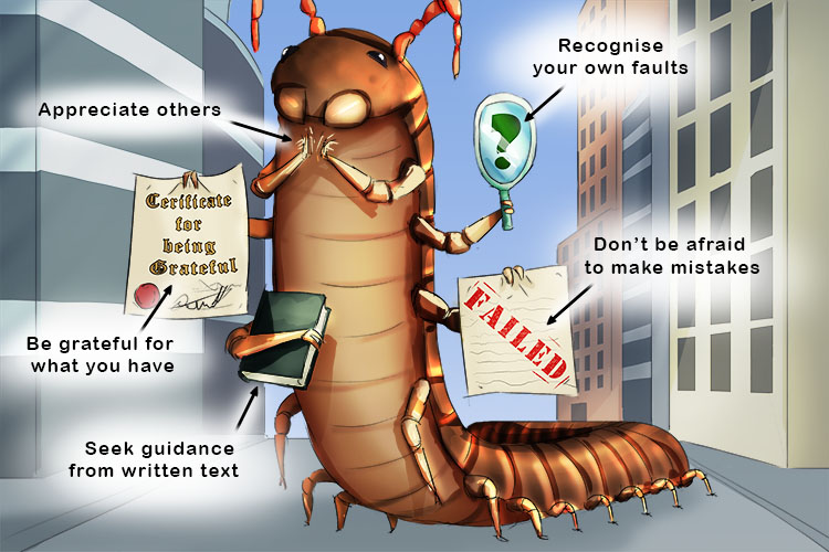 The huge millipede entered the city (humility) and showed the people how they could be humble. She used her many hands as symbols of ways to be humble